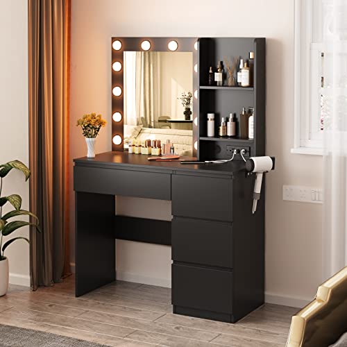 Vabches Makeup Vanity with Lights, 37inch Vanity Desk with Power Strip, 4 Drawers Makeup Table with...