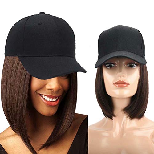 iLUU 9inch Short Bobo Straight Wig With Black Adjustable Baseball Cap, Dark Brown Synthetic Hair Extensions Hairpiece Attached Removable Hat (Dark Brown Hair)