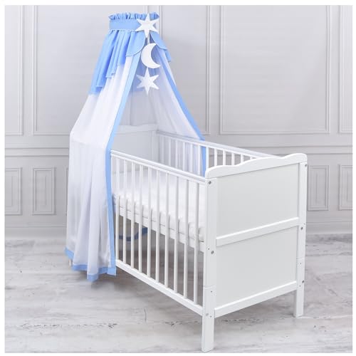 Generisch Baby Delux Babybett Himmel Betthimmel Chiffon Baldachin für Babybett Kinderbett Wiege Stubenwagen Himmelstange Applikationen Deko (Blau, mit Himmelstange)