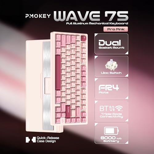 Image of KEEBMONKEY PMO Wave 75 CNC Aluminum Quick Release Tri-Mode Wireless Gaming Keyboard,QMK /VIA Tri-Mode Mechanical Keyboard with 8000mAh Battery,Hot-Swappable with RGB for Windows /Mac /PC (Pro Pink)