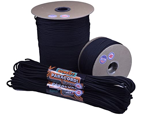 Bored Paracord - 1', 10', 25', 50', 100' Hanks & 250', 1000' Spools of Parachute 550 Cord Type III 7 Strand Paracord Well Over 300 Colors - Black - 1000 Foot Spool