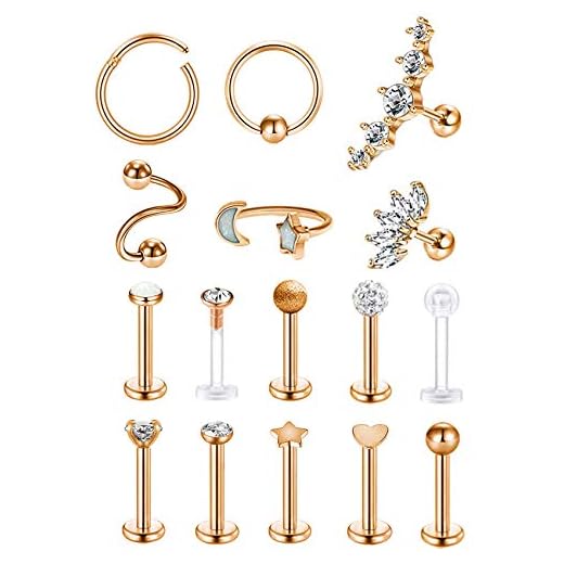 REVOLIA 16 Pcs 16G Stainless Steel Tragus Earring Cartilage Helix Single Earring Lip Rings Labret Studs Daith Rook Piercing Rose-Gold