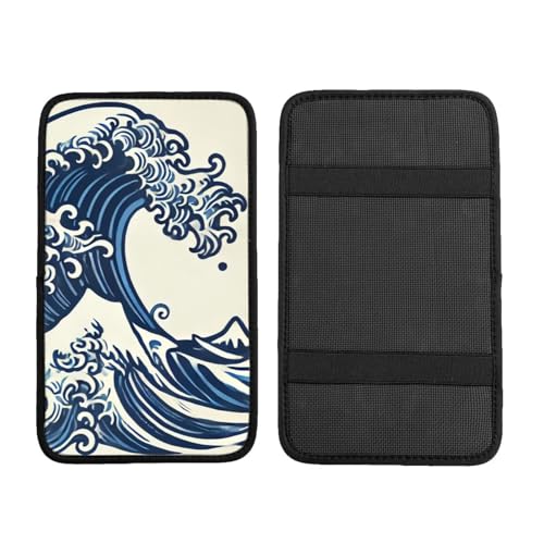 allgobee Armrest Cushion Cover Blue Wave Japanese Style Universal Center Console Protector for Cars and Trucks