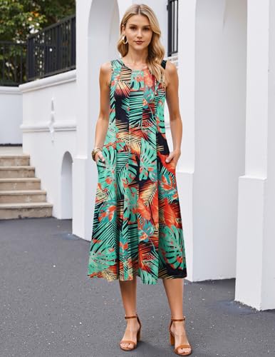 Image of HOTOUCH Summer Casual Dresses for Women Sleeveless Midi Dress Swing Tank Sundress Pleated Tshirt Dress with Pockets