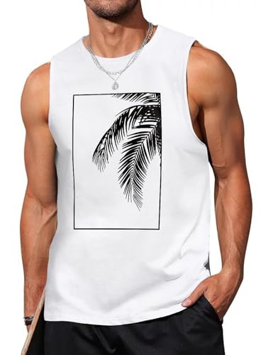 Lonya Camiseta De Tirantes Hombre Algodón Verano Camisetas Sin Manga Casual Deportivo Estampado de Hojas de Coco Alfabético Playas Fitness Masculina Gym Tank Top, A Blanco, M