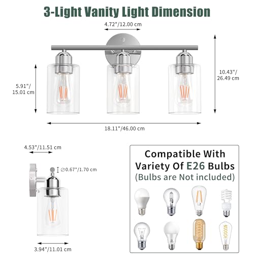 Image of Bathroom Vanity Light Fixtures Polished Chrome Bathroom Lighting Fixture, 3 Lights Bathroom Light Fixture Over Mirror, Modern Black Vanity Light, Wall Sconces with Glass Shades