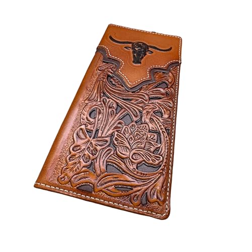 Men’s Long Leather Wallet – Laser Cut Floral Rodeo Bifold with Embossed Longhorn Design – Cowboy Checkbook Wallet for Ranchers, Rodeo Fans & Western Gifts
