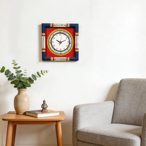 Image of AAKRITI ART CREATIONS Wall Clock Handcrafted Warli Art Dial with Glass Frame Blue, Red | Wall Clock for Home, Home Decoration | Lightweight Wooden wall Decor | Matte Finish