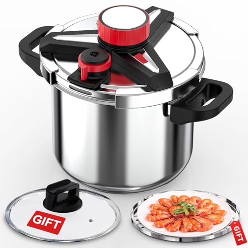 18/8 Stainless Steel Pressure Cooker 12 Quart, [One-Hand Locking] Olla de Presion, [3-In-1] Pressure Cooker, Induction Compatible, Gas Stovetop Compatible,Includes Glass Lid & Steamer Rack