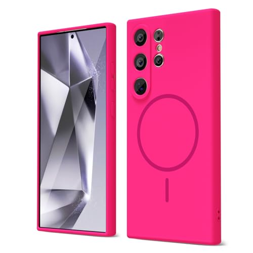oakxco for Samsung Galaxy S24 Ultra Case Silicone Mag Safe, Magnetic Slim Thin Phone Case Compatible with Magsafe, Women Girls Cute Girly Bright Fluorescent Safecase with Camera Cover, Neon Hot Pink