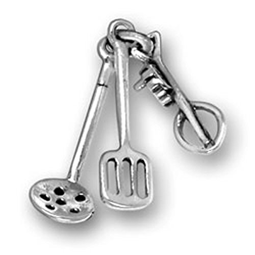 Sterling Silver 3D Kitchen Cooks Spatula Straining Spoon And Beater Utensils Charm Bead For Bracelet