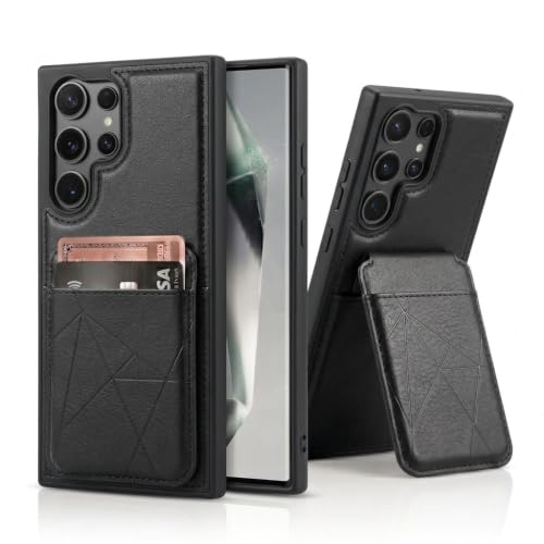 Image of amazon basics Premium Vegan Leather Back Cover with Card Holder and Integrated Mobile Stand for Samsung Galaxy S23 Ultra 5G - Slim Shockproof Wallet Case with Geometric Stitching [Black]