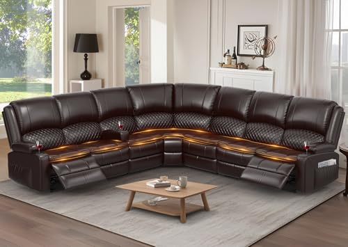 Yolsali Manual Reclining Sectional Sofa Set, 7 Seats Soft Leather Recliner Corner Sectional Couch, Family-Sized L-Shaped Recliner Couch with USB Charging, Thickened Padding, Sturdy Frame, Brown