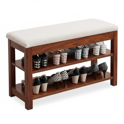 Image of Premium Sheesham Wood Shoe Rack with Upholstered Bench - 2-Tier Solid Wood Entryway Shoe Organizer - Durable Hallway Storage Bench for Living Room & Bedroom (Brown, 24inch)