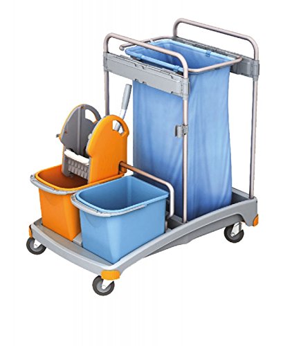 Carrito de limpieza con moppr Esse, soporte para bolsas de basura, 2 cubos y base de plástico