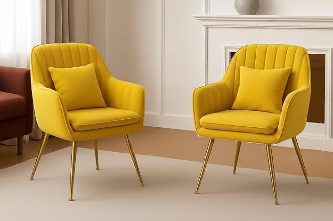 Image of Toxigo Velvet Office and Garden Area Outdoor Chairs | Cushion Seat Chair with Pillows for Modern Contemporary Upholstered with Polished Rosegold Metal Designer Piece | Set of 2 (Yellow)
