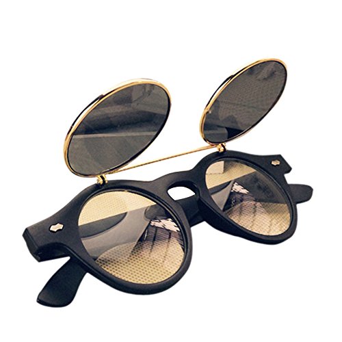 FUNOC Vintage 50s Unisex Sunglasses Steampunk Flip Up Cyber Round Goggles Glasses