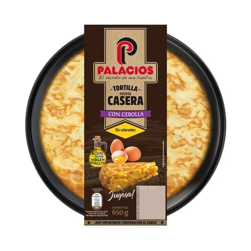 Tortillas PALACIOS, La Tortilla Española con Cebolla y Sin Cebolla, Chorizo, Espinacas,Calabacin y los Pinchos de Tortilla ( Refrigerado) (2 Tortilla fresca casera, con cebolla y con AOVE, 650 Gr.)
