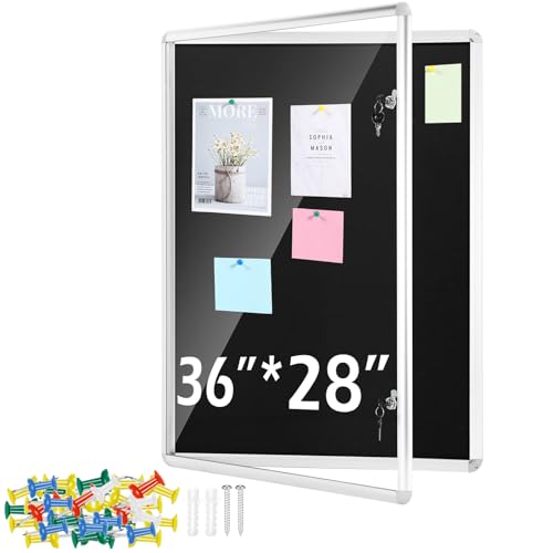 Ctosree Enclosed Bulletin Board 36x28 Inch Lockable Cork Notice Board Glass Waterproof Aluminum Framed with Mounting Screws for Office School Hospital Community Outdoor Display Case(Black)