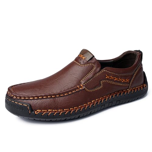Men's Handmade Leather Slip On Flat Loafers Lightweight Soft Round Toe Non-Slip Moccasin Boat Walking Shoes for Driving Casual Business Office Work