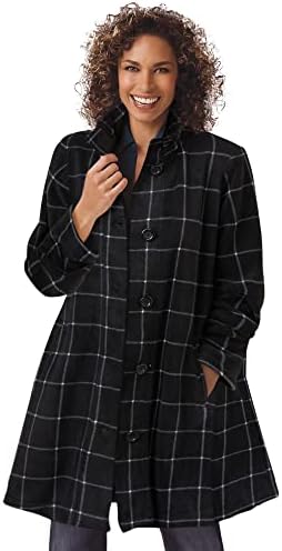 Woman Within Women's Plus Size Fleece Swing Funnel-Neck Coat - L, Black Windowpane Plaid