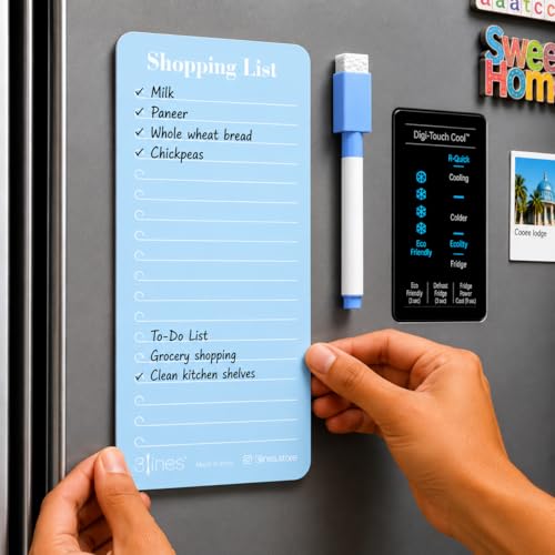 Image of 3 Lines Shopping List Fridge Magnet with Marker|Smart Planning & Shopping for Family, Working Professionals|Acrylic Magnetic Notepad for Kitchen Organisation|9x24 cms|Light Blueberry Color|Regular