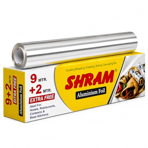 Image of SHRAM Aluminium Foil 9 Meter + 2 Meter Free | 11 Micron Food Grade Kitchen Foil Roll | Safe Paper Zigzag Cutter | Multipurpose Foil for Home, Hotel & Restaurant Use | Baking, Grilling & Food Wrapping