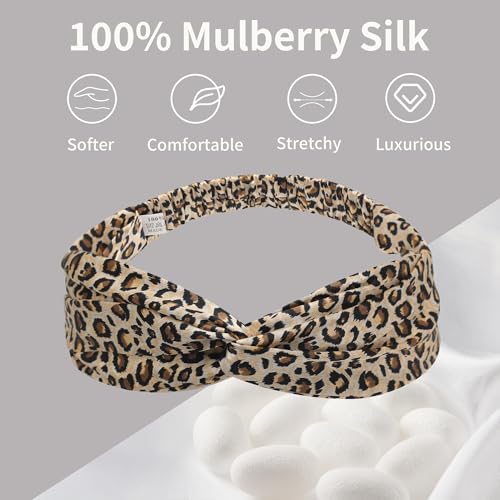 Image of ZLYC Mulberry Silk Headband for Women's Hair, Leopard Print | smooth luxury real silk, stretch elastic no slip fit, makeup spa skincare use, travel daily wear,boho fashion hair accessory