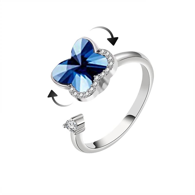 YJZON925 Sterling Silver Anxiety Ring for Women,Adjustable Open Cubic Zirconia Ring with Gift Box,Fidget Rings Four-leaf Clover Spinner Ring for Anxiety Relief