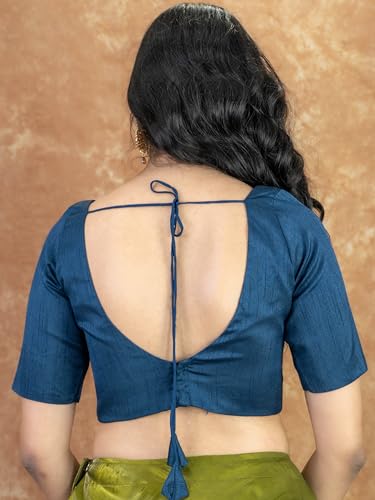 Image of FIGURE'S DESIGNER Women's Dupion Raw Silk Half Elbow Sleeves Sweetheart V Neck Sabyasachi Cut Readymade Saree Blouse S10