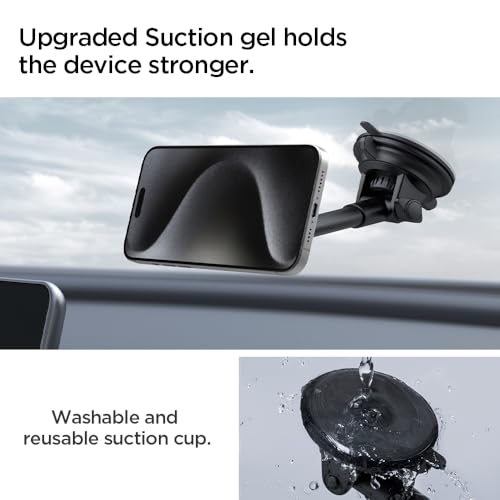 Image of Spigen Dashboard & Windshield Car Mobile Holder,Super Strong Magnet,Works as Desk Mount for iPhone 17 /16 /15 /13 /12, Samsung Galaxy Series & More (MFT35) - Black