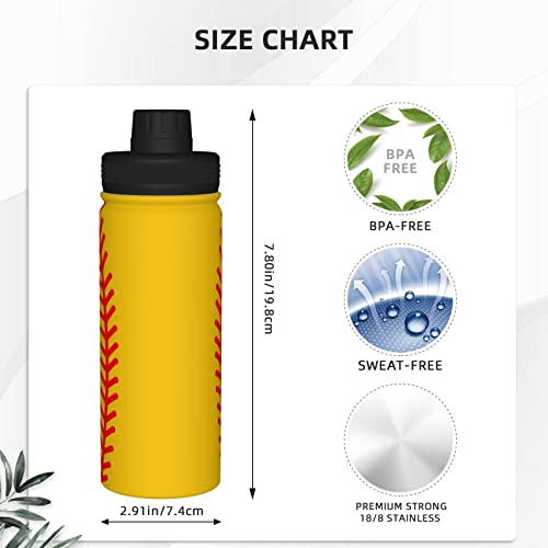 Water Bottle Baseball-Stitches-Softball 18 Oz Stainless Steel Vacuum Insulated Wide Flask With Leakproof Spout Lid #TOP3
