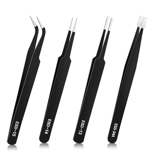 Präzisions Pinzetten Set, 4 Stück Antistatisch Edelstahl Pinzette, Nicht-Magnetischen Pinzette für Industrie, Elektronik und Handwerk