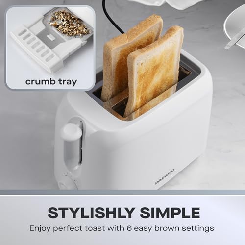 Daewoo Essentials 2 Slice Toaster – Compact White Toaster with Adjustable Browning Control & Slide-Out Crumb Tray, Easy to Clean, 700W Electric Breakfast Appliance - Image 3