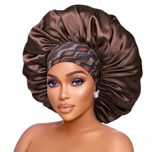 Isshin Beauty Silk Satin Bonnet Hair Cap: 2pcs 17inch Diameter Extra Large Jumbo Sleeping Satin Bonnets with Comfortable Flower Band - High Density Satin Bonnets for Women Braids Curly Night Cap（Black & Coffee）
