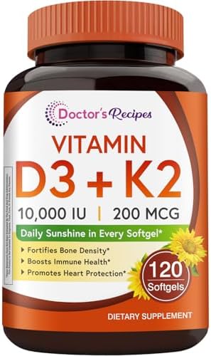 Doctor's Recipes Vitamin D3 K2, 10,000 IU, 200 mcg, MK-7, Strong Bone Density, Teeth, Immune, Heart Support, Energy, Calcium Absorption, No Soy & Gluten, Non-GMO, 120 Softgels