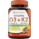 Doctor's Recipes Vitamin D3 K2, 10,000 IU, 200 mcg, MK-7, Strong Bone Density, Teeth, Immune, Heart Support, Energy, Calcium Absorption, No Soy & Gluten, Non-GMO, 120 Softgels