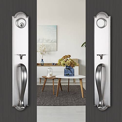Newbang Hardware Double Main Door Handle Set Brushed Nickel Finish,(Keyed And Dummy Set),Zscy-Mdhst2018Sn-Set #TOP5