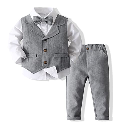 Image of Baby Boys Gentleman Formal Suit Set with Vest, Pant, Shirt, and Bow Tie, Weding 4Pcs Outfit