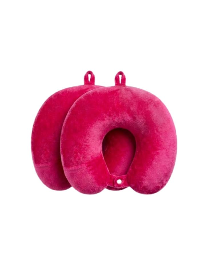Image of Ultra Soft Travel Neck Pillow with Hanging Loop Snap Button Closure for Home Office and Airplane Flight, Bus, Car, Train Travelling Use [Pink] (Pack of 2)