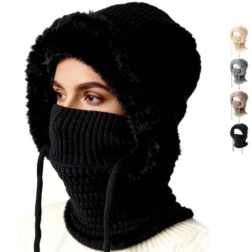 3 in 1 Beanie Hat for Women 3 in 1 Beanie Hat with Scarf and Mask Knitted Ski Scarf and Mask Set Womens Knit Beanie Hat(Black)