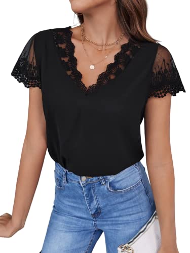 GORGLITTER Damen Bluse V-Ausschnitt Kurzarmshirt Casual Oberteil Spitzen...