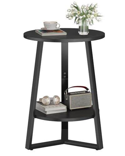 sthmec Small Round End Table 2 Tier Side Table with Storage Shlef Coffee Table Wooden Tabletop & Metal Frame Round Accent Table Small Nightstands Couch Tables for Bedroom Livingroom Black