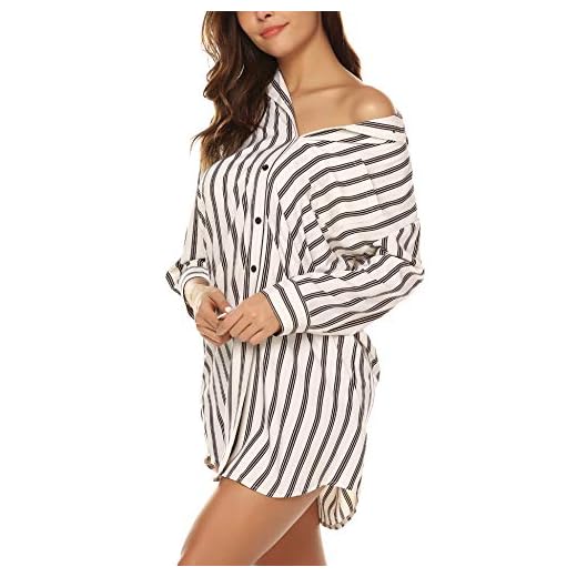 BESDEL Kvinnor pojkvän nattskjorta 3/4 ärmar knapp ner randigt nattlinne nattkläder S-XXL, Vit randig, M