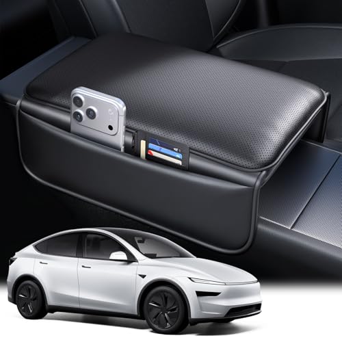 Image of Wigoo Center Console Lid Cover forTesla Model Y Juniper & Model YL 2025-2026 (Standard, Premium &Performance) and Model 3 Highland 2024-2026, Soft Support Nappa Leather Armrest Protector Cover, Black