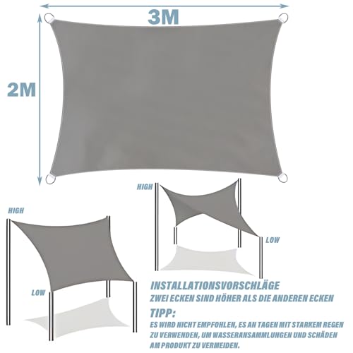 Toldo impermeable 2x3m rectangular gris con ojales para protección solar en terraza 3