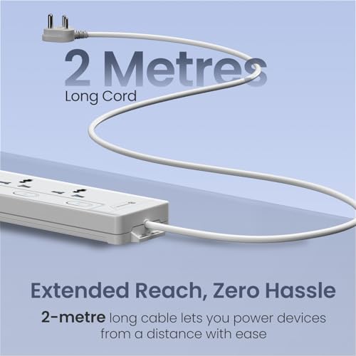 Image of Portronics Power Plate 10 Pro, 6-in-1 Power Extender with 2500W Output, Universal Sockets x3, Side 2-Pin Sockets x3, Individual Switches with LED, 2M Long Cord, Overload Protection, Wall Mount Design