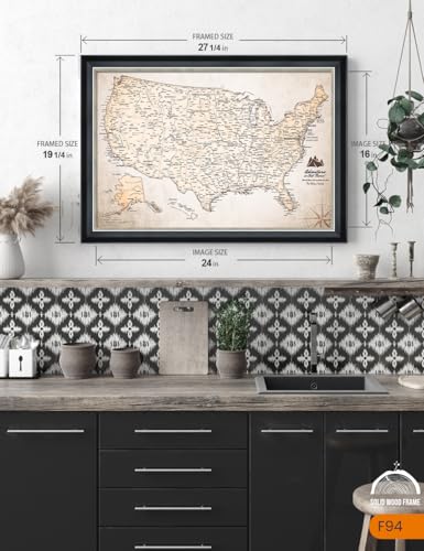 Image of IPIC - Custom USA Map Canvas Wall Art, Personalized Artwork with Names and Message on, Framed Travel Map for Home, Office, or Study, Push in Board Decor for Travel Lovers