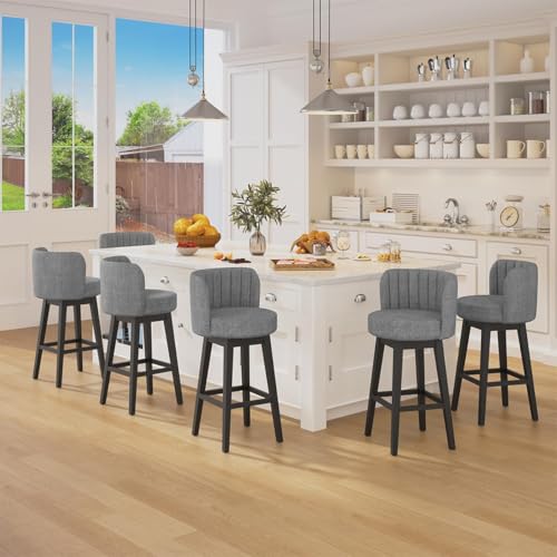 Image of COCO DESIGN Swivel Bar Stools Set of 6, 30 inch Bar Height Mid Century Modern Barstools with Back, Linen Upholstered Seat and Solid Wood Legs, for Bar Kitchen Island, Smoke Gray