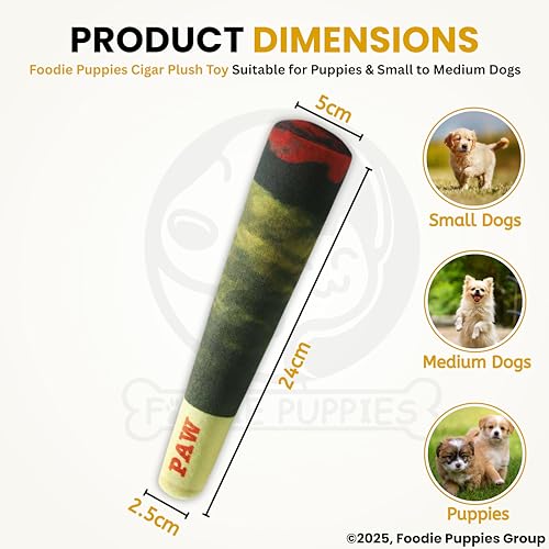Image of Foodie Puppies Interactive Dog Plush Toy - (Cigar Design, 24cm) for Dogs & Puppies | Non-Toxic, Stuffed, Grinding Teeth, Playful, Soft, Chew Toy for Small to Medium Dogs